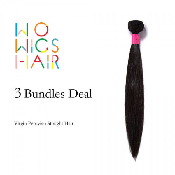 WoWigs Hair Peruvian Virgin Hair Straight 3 Bundles Deal Natural Color 1B