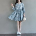 Woman Dress Spring Dresses Long Sleeve Blue Yellow Floral Dress O Neck High Waist Mori Gril Lolita Dress