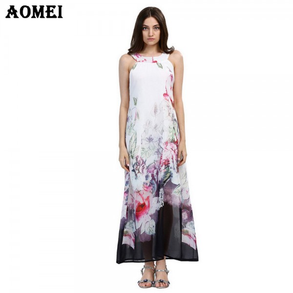 Woman Fashion Boho Maxi Print Floral Dresses Plus Size White Long Dress Sleeveless Summer Sundress Vestidos Beachwear Dress Robe