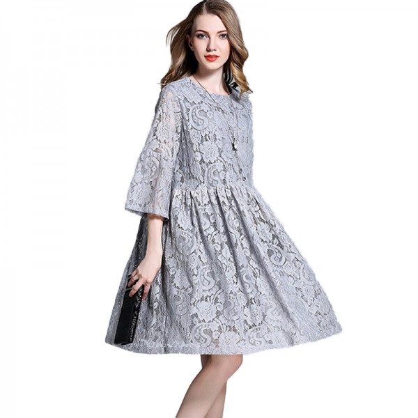 Woman Plus Size Elegant Lace Dress Gray European  Spring Summer Feminine Half Sleeve loose Vestidos 3XL XXXXL 1980WY