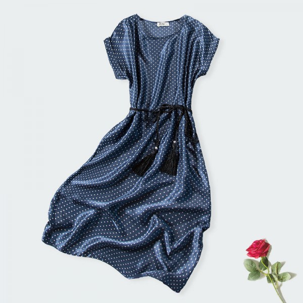 Women 100%real Silk Long dress Luxury Natural silk Satin dress Star Print  2016 new Deep blue