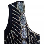 Women 1920s Gatsby Themed Party Dress Vintage Flapper Girl Sequined Beaded Back Deep V Sleeveless Black Backless Summer Dress 