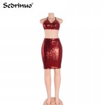 Women 2 pieces Dress Vestido De Festa Sexy Club Night Dress Lady Slim Evening Party V Neck Sequined Knee Length Dress Red