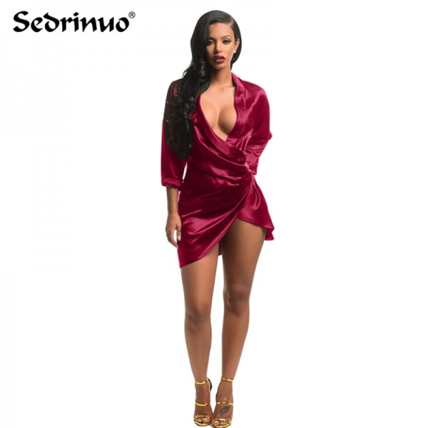 Women 2016 New Summer Style Long Sleeve Bodycon Slim Sexy club dress deep v neck dress vestido de festa red/black mini dress