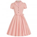 Women 50s Vintage Dress Summer Style 2017 Short Sleeve Lapel Collar Pink Yellow White Short Retro Pin Up Swing Rockabilly Dress