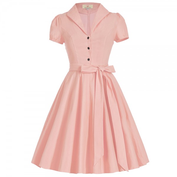 Women 50s Vintage Dress Summer Style 2017 Short Sleeve Lapel Collar Pink Yellow White Short Retro Pin Up Swing Rockabilly Dress