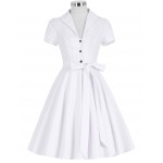 Women 50s Vintage Dress Summer Style 2017 Short Sleeve Lapel Collar Pink Yellow White Short Retro Pin Up Swing Rockabilly Dress