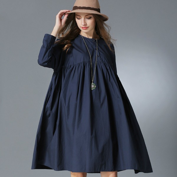 Women Autumn Big Size Clothing Blue Long Sleeve Pleated Swing Babydoll Oversize Shirt Dress xl-4xl