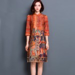 Women Autumn Dress Half Sleeve Stand Collar Plus Size Women Clothing Casual Silk Dress Character Print Vintage Dress