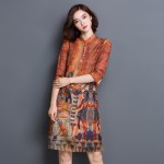 Women Autumn Dress Half Sleeve Stand Collar Plus Size Women Clothing Casual Silk Dress Character Print Vintage Dress