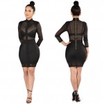 Women Autumn Dress Sexy Mesh Striped Patchwork Bodycon Black Club Dress Elegant Turtleneck Long Sleeve Gold Zipper Party Dresses