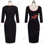 Women Autumn Vintage Delicate Floral Embroidered Pattern Wide Rounded Neckline Casual Work Slim Bodycon Pencil Dress EB340