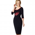 Women Autumn Vintage Delicate Floral Embroidered Pattern Wide Rounded Neckline Casual Work Slim Bodycon Pencil Dress EB340