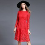 Women Autumn Winter Dress 2016 New Fashion Sexy Hollow Long Sleeves Knee Length Elegant Party Lace Dress Red Black Plus Size 755