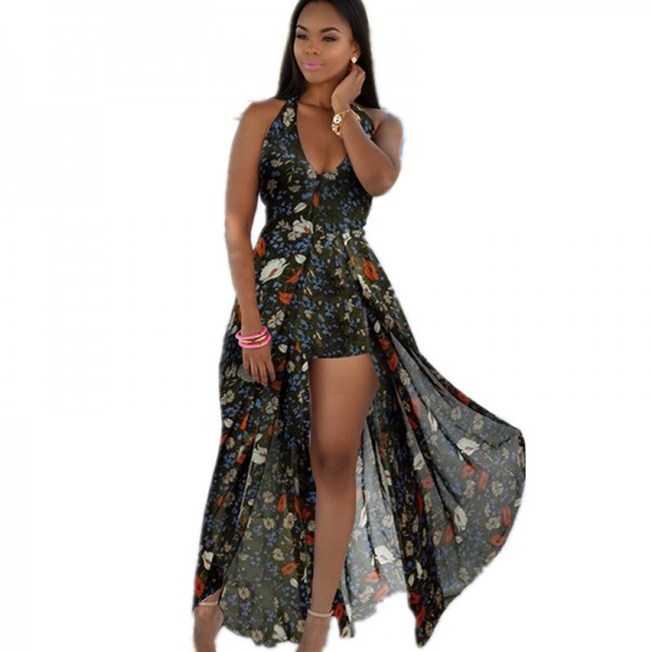 Women Backless Beach Summer Dresses Long Chiffon Retro Floral Printed Dress Ladies Maxi Sundress Beach Clothes D28