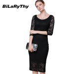 Women Black Lace Autumn Dress Ladies Three Quarter Pencil Wrap Celebrity Elegant Midi Bodycon Party Bandage Dresses Plus Size