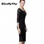 Women Black Lace Autumn Dress Ladies Three Quarter Pencil Wrap Celebrity Elegant Midi Bodycon Party Bandage Dresses Plus Size