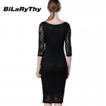 Women Black Lace Autumn Dress Ladies Three Quarter Pencil Wrap Celebrity Elegant Midi Bodycon Party Bandage Dresses Plus Size