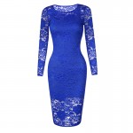 Women Bodycon Club Midi Lace Blue Dress Solid Full Sleeve Knee-length Empire O-Neck Spring Two Piece Black Pencil Dresses