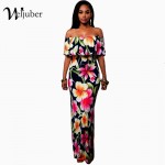 Women Boho Maxi Dress 2017 New Spring Summer Style Off Shoulder Ruffled Print Long Dresses Feminine Floor Length Gown