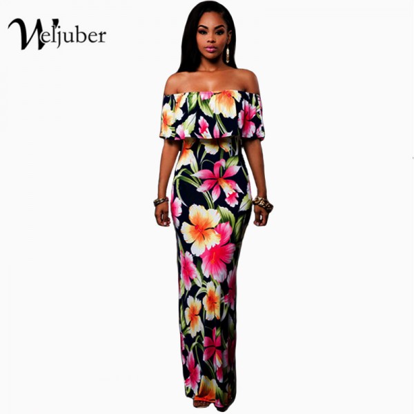 Women Boho Maxi Dress 2017 New Spring Summer Style Off Shoulder Ruffled Print Long Dresses Feminine Floor Length Gown