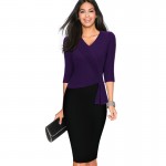 Women Casual Wear To Work Office Sheath Fitted Pencil Dress Autumn Elegant Classy V Neck Patchwork Bodycon Dresses EB333