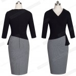 Women Casual Wear To Work Office Sheath Fitted Pencil Dress Autumn Elegant Classy V Neck Patchwork Bodycon Dresses EB333