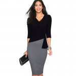 Women Casual Wear To Work Office Sheath Fitted Pencil Dress Autumn Elegant Classy V Neck Patchwork Bodycon Dresses EB333