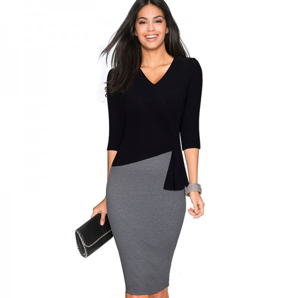 Women Casual Wear To Work Office Sheath Fitted Pencil Dress Autumn Elegant Classy V Neck Patchwork Bodycon Dresses EB333