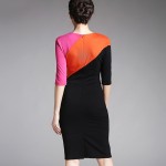 Women Colorblock Round Neck Half Sleeve Bodycon casual Office work business Pencil Bandage womens Patchwork vintage Dress 449