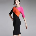 Women Colorblock Round Neck Half Sleeve Bodycon casual Office work business Pencil Bandage womens Patchwork vintage Dress 449