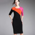 Women Colorblock Round Neck Half Sleeve Bodycon casual Office work business Pencil Bandage womens Patchwork vintage Dress 449