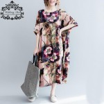 Women Cotton and Linen Dress Big Size Floral Pattern Print T-Shirt Summer Fashion Casual Female Tops Long Vintage Tshirt Dresses