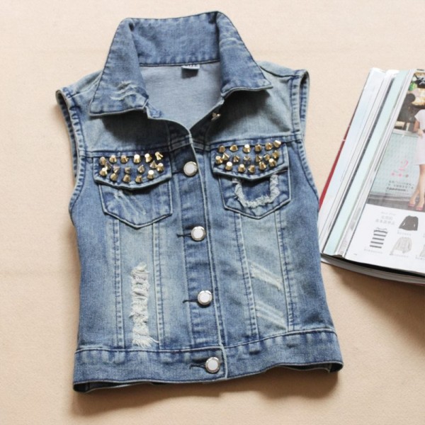 Women Denim Vest Casual Pearl Jacket 2016 Waistcoat Autumn Summer Sleeveless Jean Vest Women Vintage Single D28