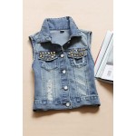 Women Denim Vest Casual Pearl Jacket 2016 Waistcoat Autumn Summer Sleeveless Jean Vest Women Vintage Single D28