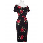 Women Dress 2017 Short Sleeve Off Shoulder Slim Bodycon Pencil Dress 50s 60s Rockabilly Floral Swing Summer Dress Tunic Vestidos