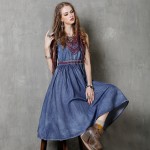 Women Dress 2017 Summer Hobo New Denim Dresses Slash Collar Embroidery Elegant Sundress Casual Dresses Women Plus Size Vestidos