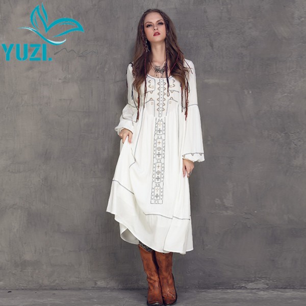 Women Dress 2017 Yuzi Spring New Casual Cotton Linen Dresses O-Neck High Waist Lantern Sleeve Vestido A8107 Vestidos Femininos