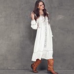 Women Dress 2017 Yuzi Spring New Casual Cotton Linen Dresses O-Neck High Waist Lantern Sleeve Vestido A8107 Vestidos Femininos