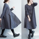 Women Dress Autumn Plaid Print Fashion Female Long Sleeve New Checker Lady Blue Vestido Clothing Big Size Dresses With Pockets