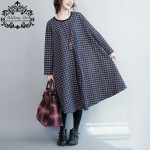 Women Dress Autumn Plaid Print Fashion Female Long Sleeve New Checker Lady Blue Vestido Clothing Big Size Dresses With Pockets