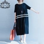 Women Dress Cotton Striped T-Shirt Summer Style Fashion Casual Loose Female Tops Black Long Tshirt Dresses Large Size Fit 100KG