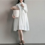 Women Dress Long Sleeve Dress White Stripped A Line Turn Down Collar Mori Gril Cotton Casual Dress Size M-2XL