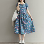 Women Dress Mori Girl Short Sleeve Floral Print A Line Dress Blue Color High Waist O Neck Cotton Linen Summer Dress Plus Size