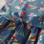 Women Dress Mori Girl Short Sleeve Floral Print A Line Dress Blue Color High Waist O Neck Cotton Linen Summer Dress Plus Size