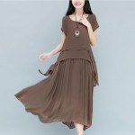 Women Dress Short Sleeve O Neck Cotton Linen Dress Solid Color Casual Loose Long Dress Plus Size Women Clothing Vintage Dress