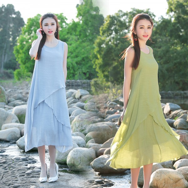 Women Dress Solid Color Loose Cotton Linen Vintage Dress Sleeveless O Neck White Blue Green Red Color Summer Dress