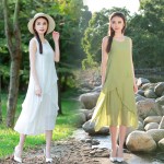 Women Dress Solid Color Loose Cotton Linen Vintage Dress Sleeveless O Neck White Blue Green Red Color Summer Dress