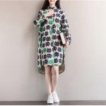 Women Dress Winter Autumn Long Sleeve Tshirt Dress Turn Down Collar Dresses Casual Owl Print Vintage Dress