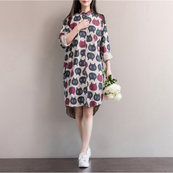 Women Dress Winter Autumn Long Sleeve Tshirt Dress Turn Down Collar Dresses Casual Owl Print Vintage Dress